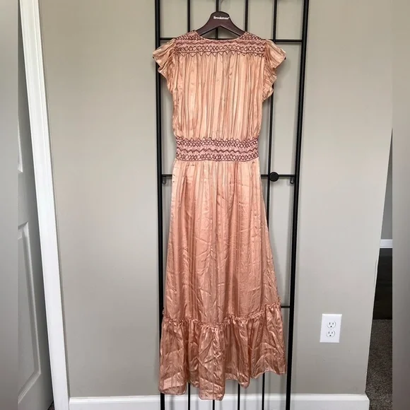 NWOT Ulla Johnson Peach Satin Embroidered Waist Midi Dress Sz 0 - Picture 6 of 10